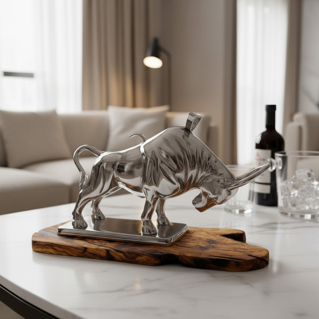 Wall Street Charging Bull Wine Bottle Holder | Luxury Olive Wood Base Bar Decor