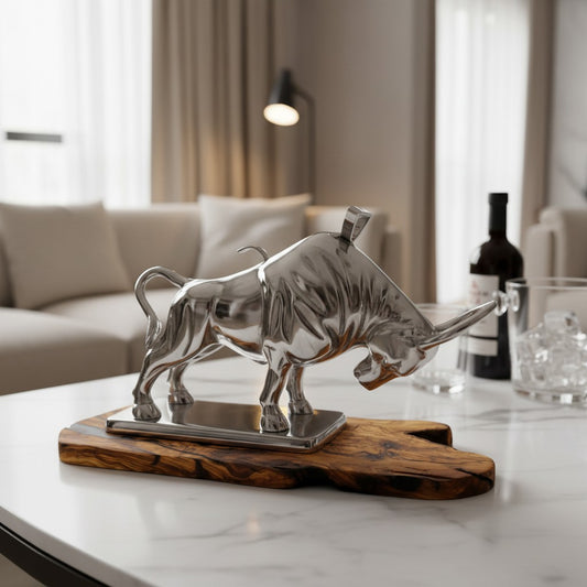 Wall Street Charging Bull Wine Bottle Holder | Luxury Olive Wood Base Bar Decor