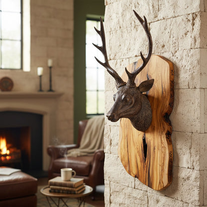 Luxury Freeform Olive Wood Stag Head Wall Sculpture | 3D Deer Antler Plaque Art