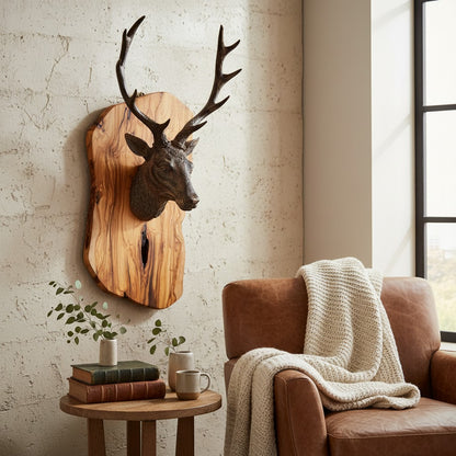 Luxury Freeform Olive Wood Stag Head Wall Sculpture | 3D Deer Antler Plaque Art