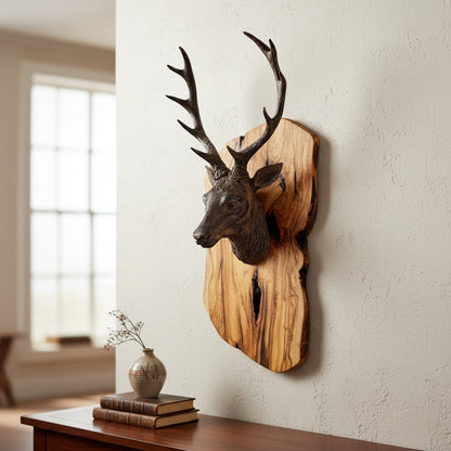 Luxury Freeform Olive Wood Stag Head Wall Sculpture | 3D Deer Antler Plaque Art
