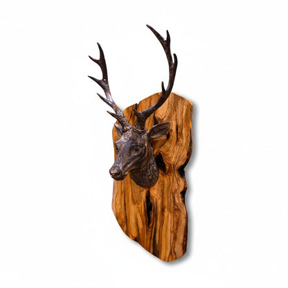 Luxury Freeform Olive Wood Stag Head Wall Sculpture | 3D Deer Antler Plaque Art