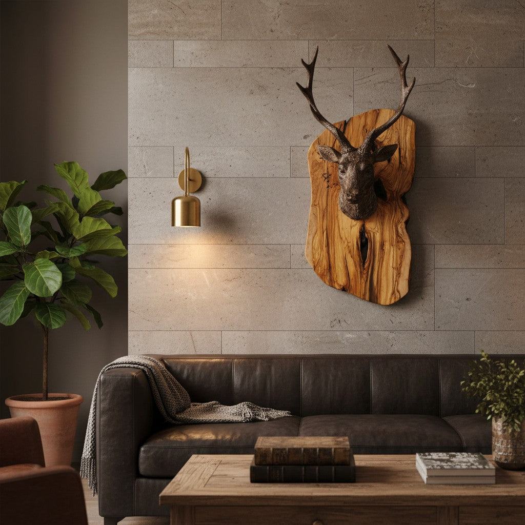 Luxury Freeform Olive Wood Stag Head Wall Sculpture | 3D Deer Antler Plaque Art