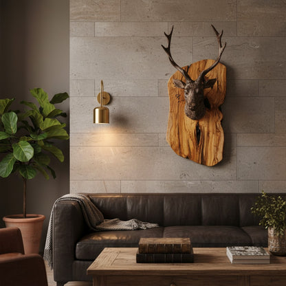 Luxury Freeform Olive Wood Stag Head Wall Sculpture | 3D Deer Antler Plaque Art