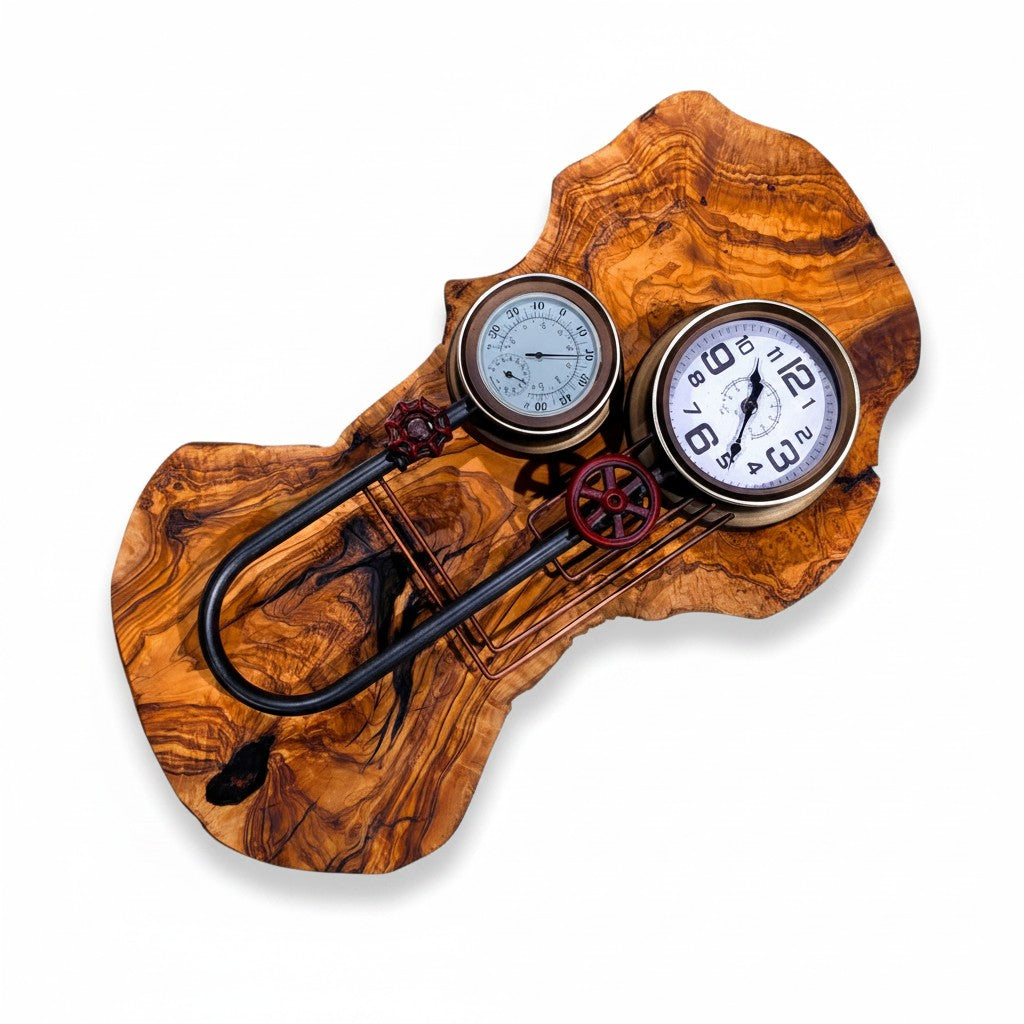 Industrial Steampunk Olive Wood Wall Clock | Luxury Live Edge Weather Station Decor