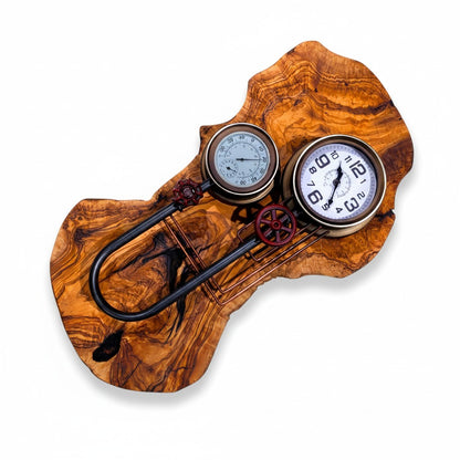 Industrial Steampunk Olive Wood Wall Clock | Luxury Live Edge Weather Station Decor