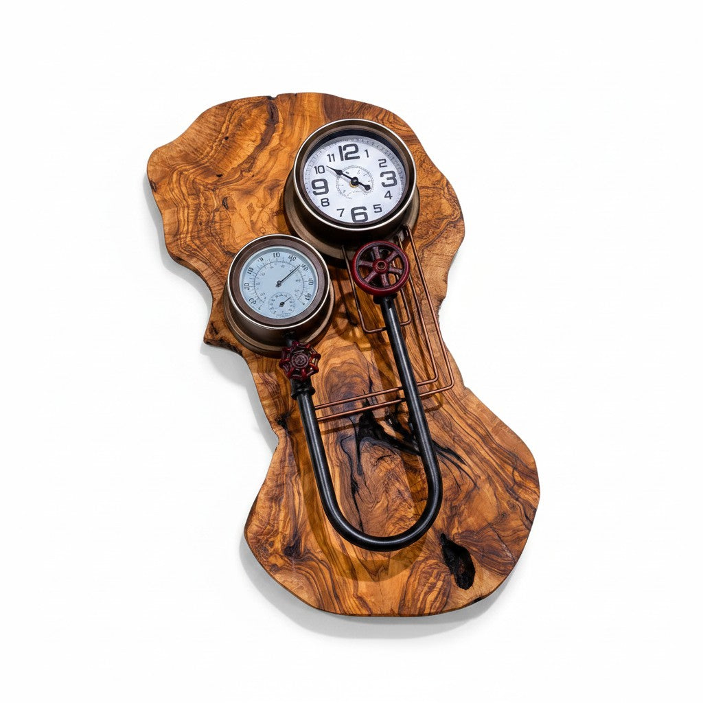 Industrial Steampunk Olive Wood Wall Clock | Luxury Live Edge Weather Station Decor