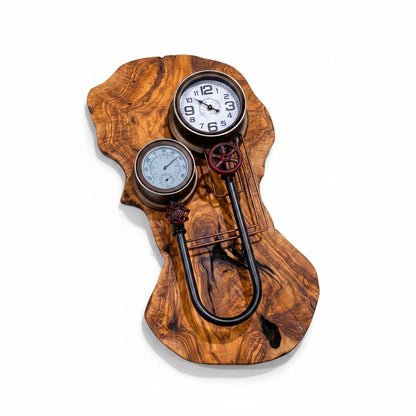 Industrial Steampunk Olive Wood Wall Clock | Luxury Live Edge Weather Station Decor