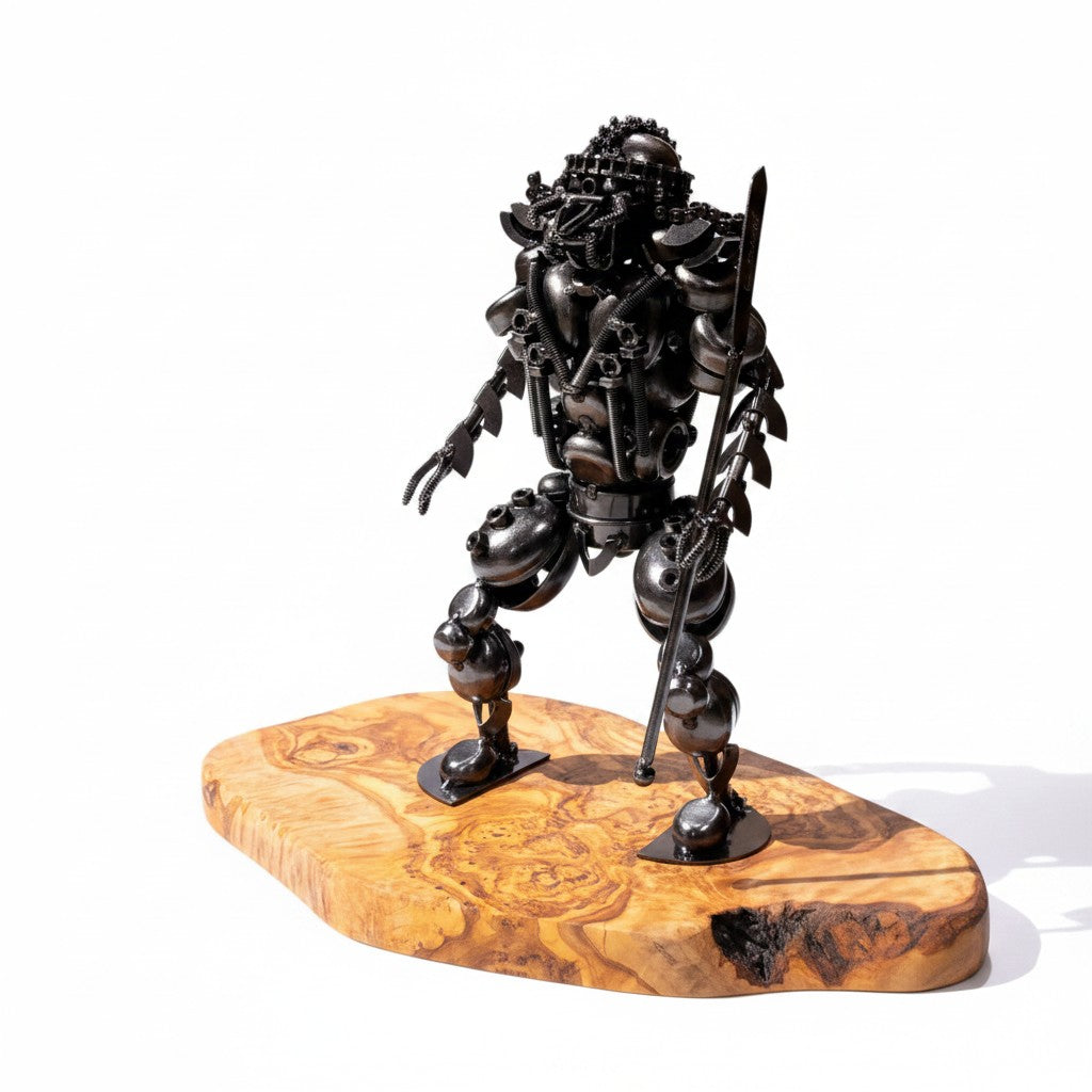Industrial Steampunk Robot Warrior Sculpture | Luxury Olive Wood Base Desk Art
