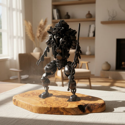 Industrial Steampunk Robot Warrior Sculpture | Luxury Olive Wood Base Desk Art