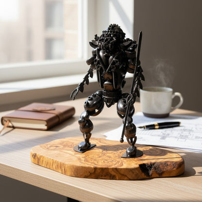 Industrial Steampunk Robot Warrior Sculpture | Luxury Olive Wood Base Desk Art