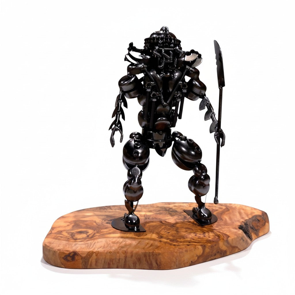 Industrial Steampunk Robot Warrior Sculpture | Luxury Olive Wood Base Desk Art