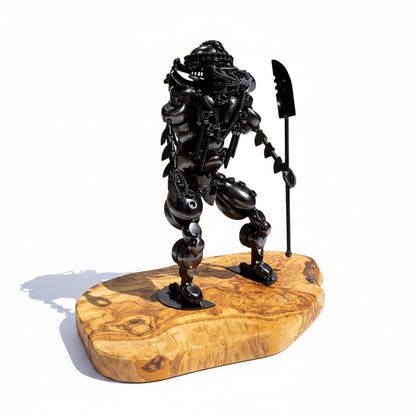 Industrial Steampunk Robot Warrior Sculpture | Luxury Olive Wood Base Desk Art