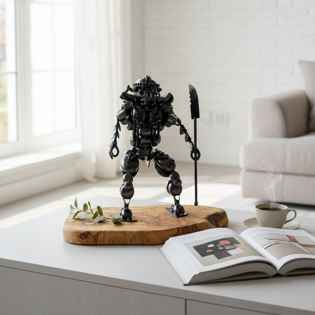 Industrial Steampunk Robot Warrior Sculpture | Luxury Olive Wood Base Desk Art