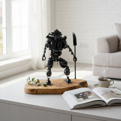 Industrial Steampunk Robot Warrior Sculpture | Luxury Olive Wood Base Desk Art
