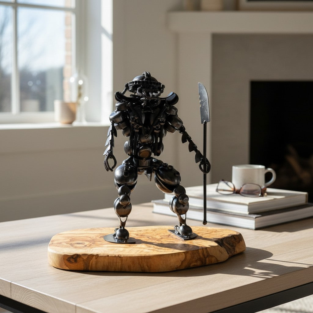 Industrial Steampunk Robot Warrior Sculpture | Luxury Olive Wood Base Desk Art