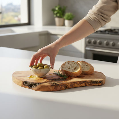 Large Handmade Olive Wood Freeform Serving Board | Extra Large Live Edge Charcuterie & Chopping Board | Unique Grain | 35–60 cm