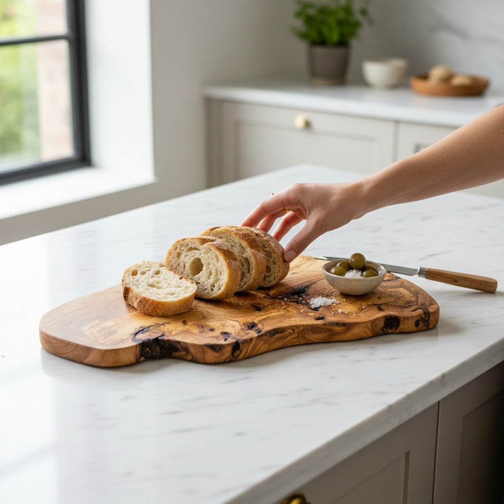 Large Handmade Olive Wood Freeform Serving Board | Extra Large Live Edge Charcuterie & Chopping Board | Unique Grain | 35–60 cm