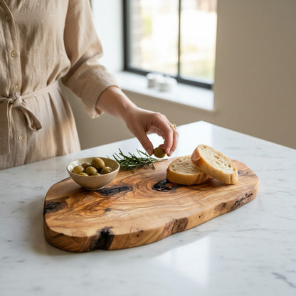 Large Handmade Olive Wood Freeform Serving Board | Extra Large Live Edge Charcuterie & Chopping Board | Unique Grain | 35–60 cm