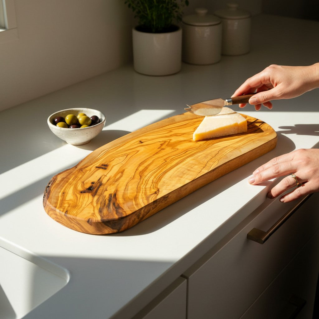 Large Handmade Olive Wood Freeform Serving Board | Extra Large Live Edge Charcuterie & Chopping Board | Unique Grain | 35–60 cm