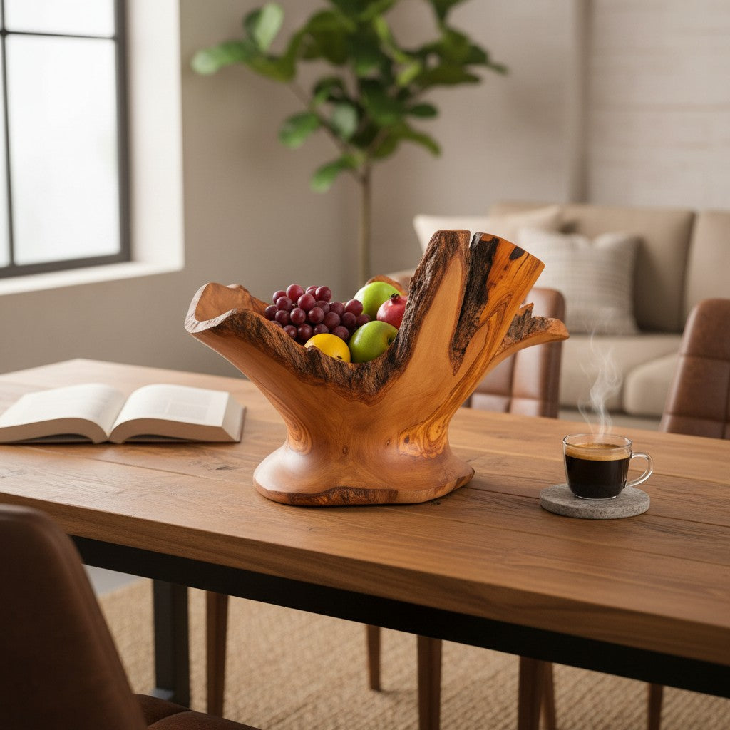 Large Olive Wood Fruit Bowl Basket with Handle 38x20x24 cm Rustic Table Centerpiece