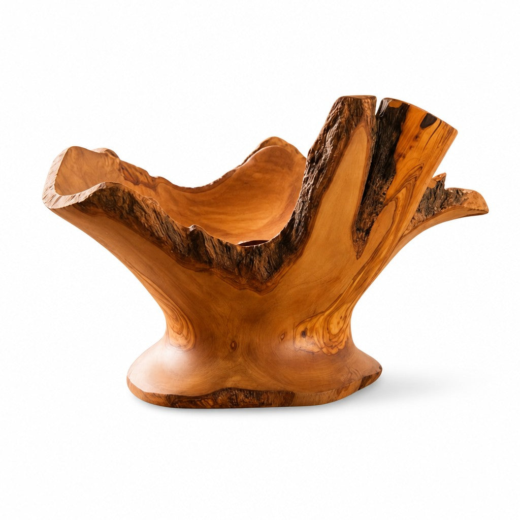 Large Olive Wood Fruit Bowl Basket with Handle 38x20x24 cm Rustic Table Centerpiece