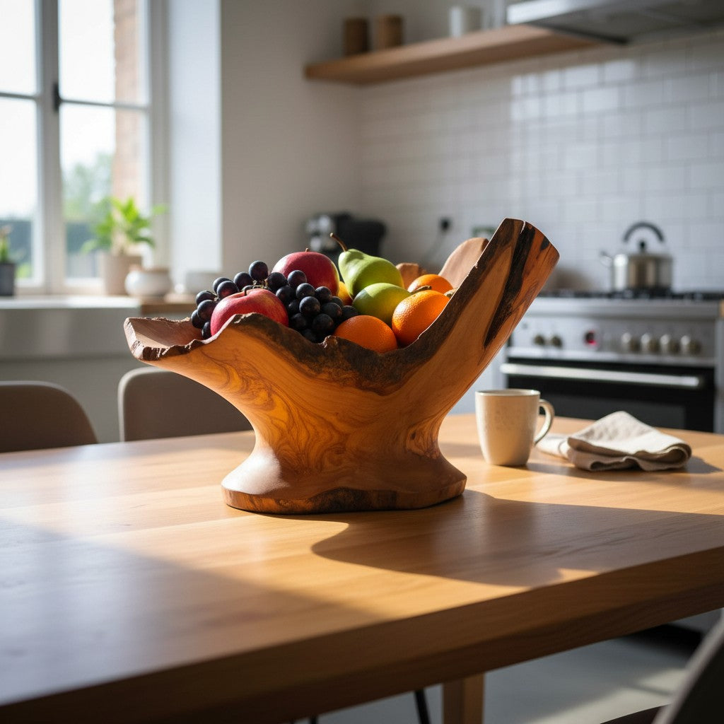 Large Olive Wood Fruit Bowl Basket with Handle 38x20x24 cm Rustic Table Centerpiece
