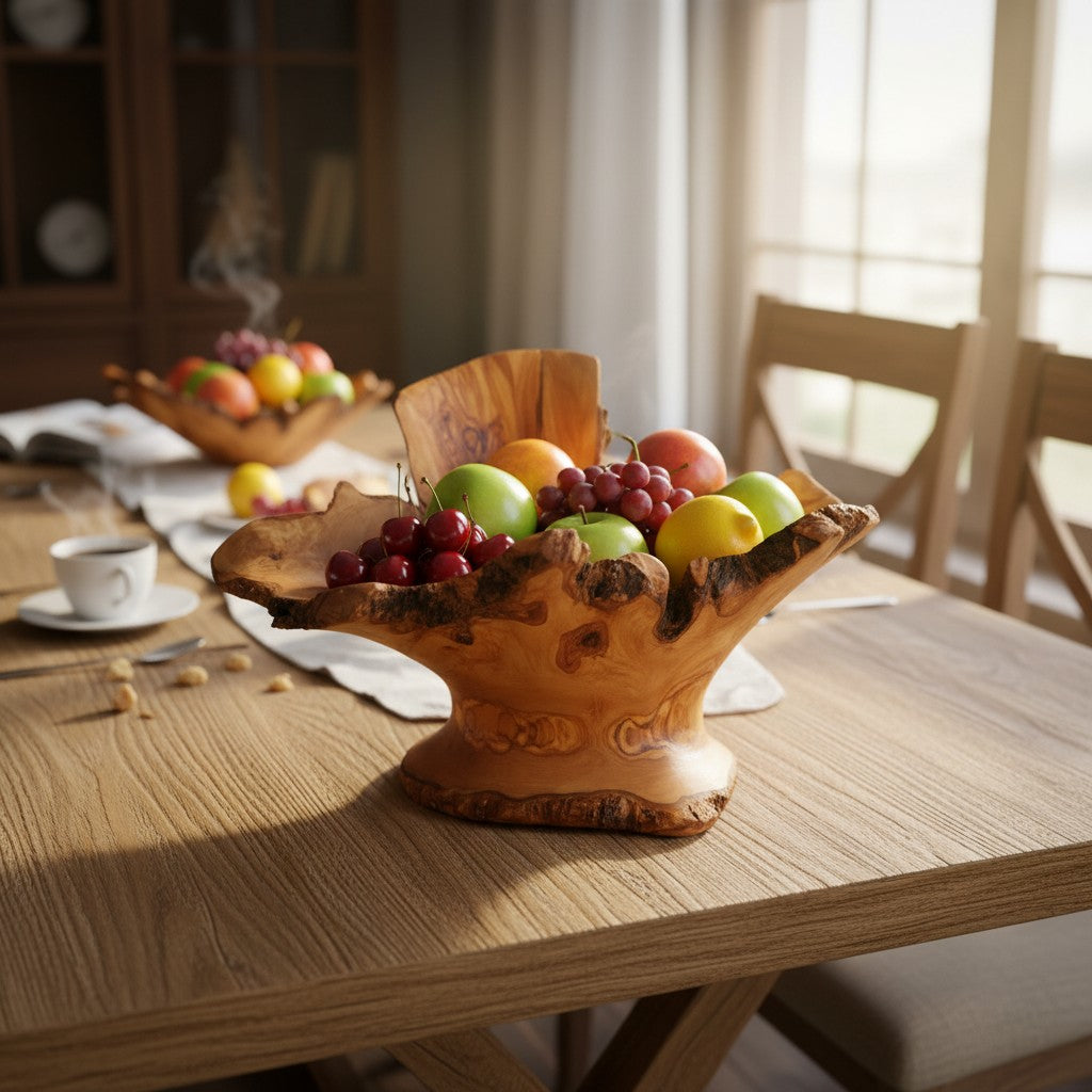 Large Olive Wood Fruit Bowl Basket with Handle 38x20x24 cm Rustic Table Centerpiece