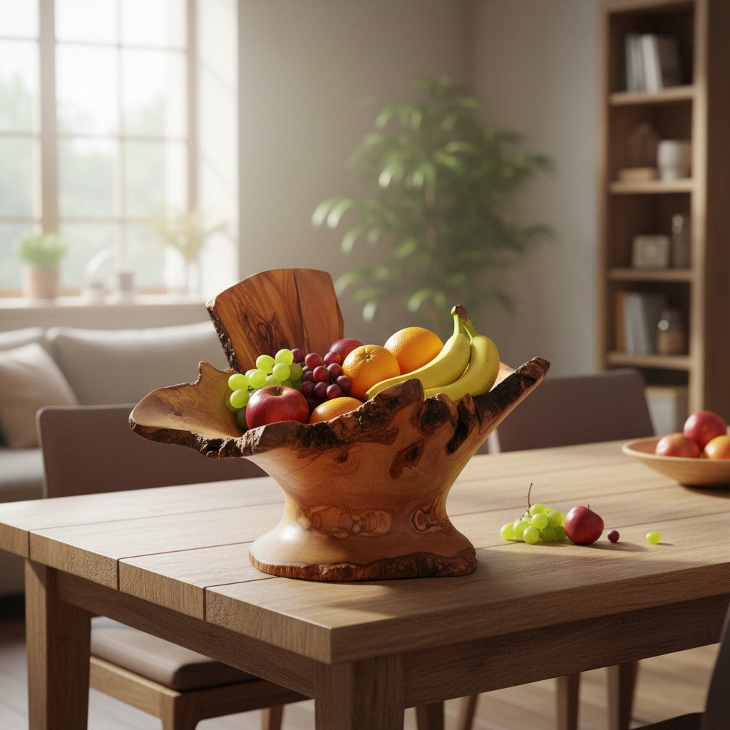 Large Olive Wood Fruit Bowl Basket with Handle 38x20x24 cm Rustic Table Centerpiece
