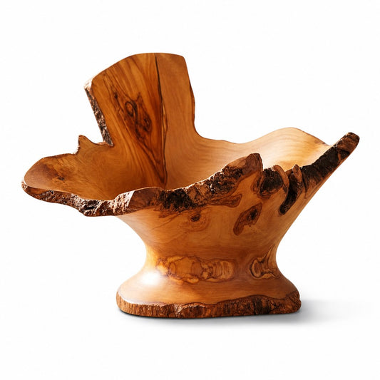 Large Olive Wood Fruit Bowl Basket with Handle 38x20x24 cm Rustic Table Centerpiece