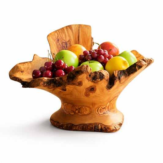 Large Olive Wood Fruit Bowl Basket with Handle 38x20x24 cm Rustic Table Centerpiece
