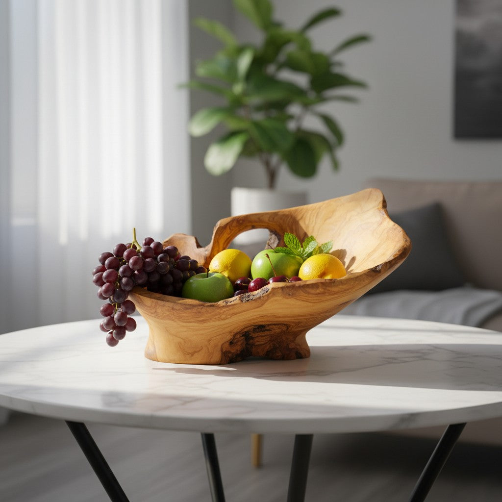 Large Olive Wood Fruit Bowl on Pedestal (55x40x30cm) | Rustic Centerpiece