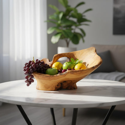 Large Olive Wood Fruit Bowl on Pedestal (55x40x30cm) | Rustic Centerpiece