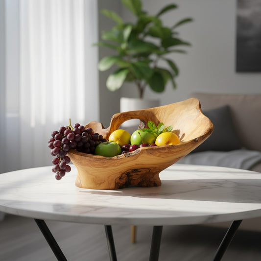 Large Olive Wood Fruit Bowl on Pedestal (55x40x30cm) | Rustic Centerpiece