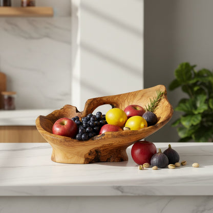Large Olive Wood Fruit Bowl on Pedestal (55x40x30cm) | Rustic Centerpiece