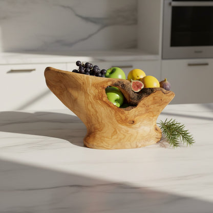 Large Olive Wood Fruit Bowl on Pedestal (55x40x30cm) | Rustic Centerpiece