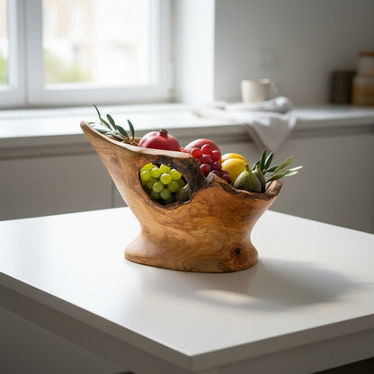 Large Olive Wood Fruit Bowl on Pedestal (55x40x30cm) | Rustic Centerpiece