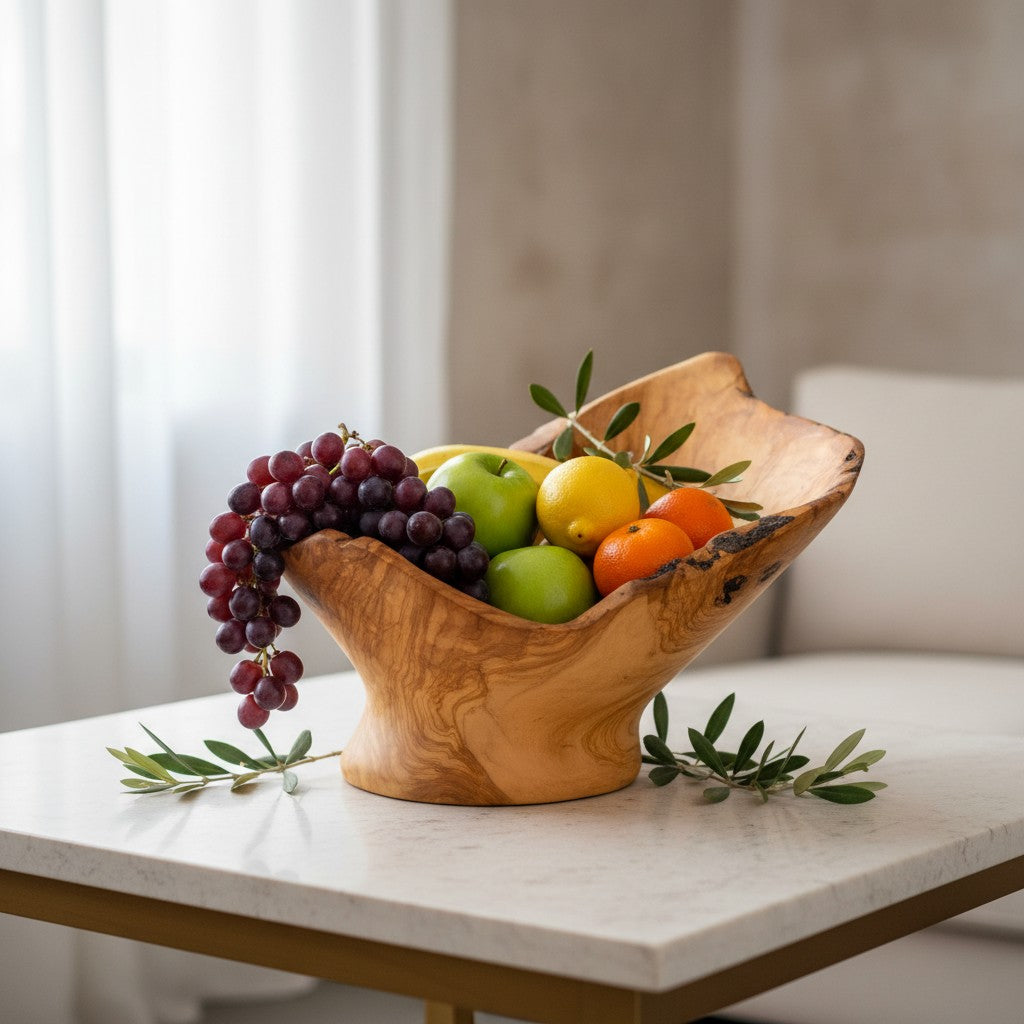 Large Olive Wood Fruit Bowl on Pedestal (55x40x30cm) | Rustic Centerpiece