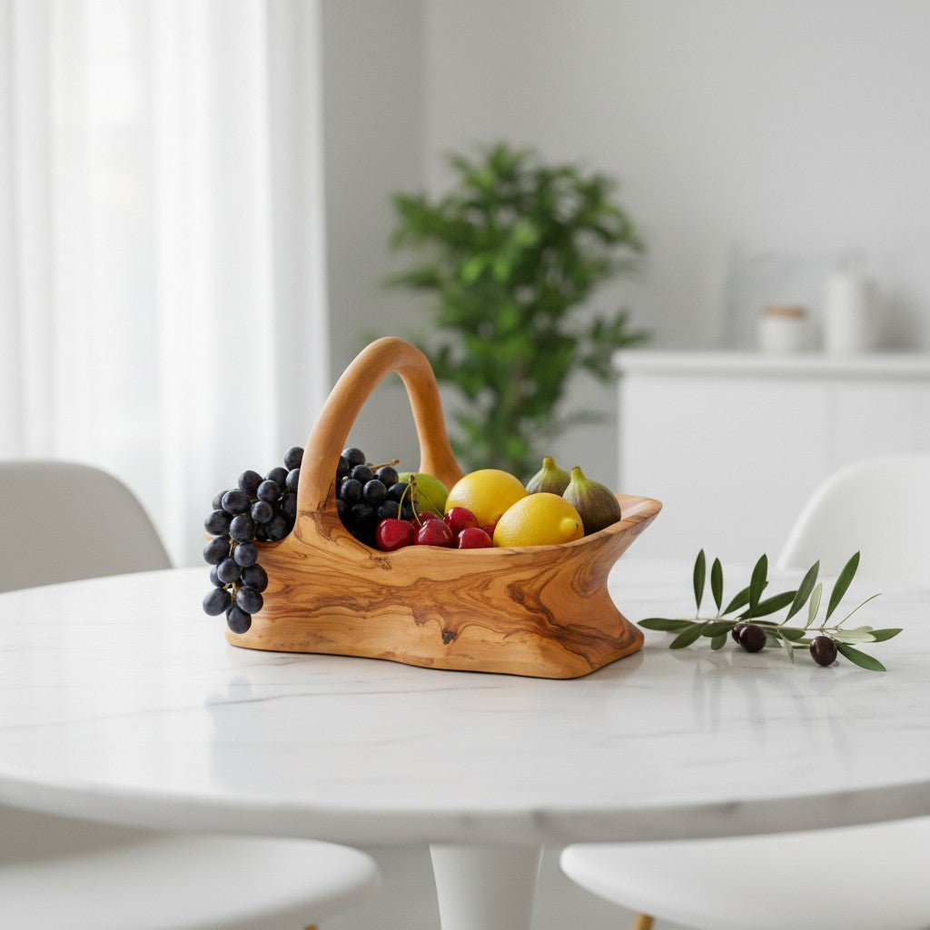 Handcrafted Olive Wood Fruit Basket with Handle  | Rustic Wood Bread Basket & Table Centerpiece | Organic Home Decor
