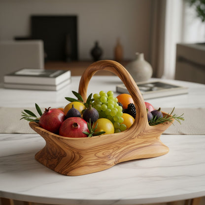 Handcrafted Olive Wood Fruit Basket with Handle  | Rustic Wood Bread Basket & Table Centerpiece | Organic Home Decor