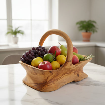 Handcrafted Olive Wood Fruit Basket with Handle  | Rustic Wood Bread Basket & Table Centerpiece | Organic Home Decor