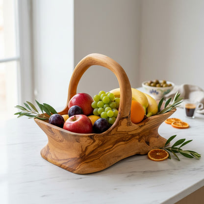 Handcrafted Olive Wood Fruit Basket with Handle  | Rustic Wood Bread Basket & Table Centerpiece | Organic Home Decor