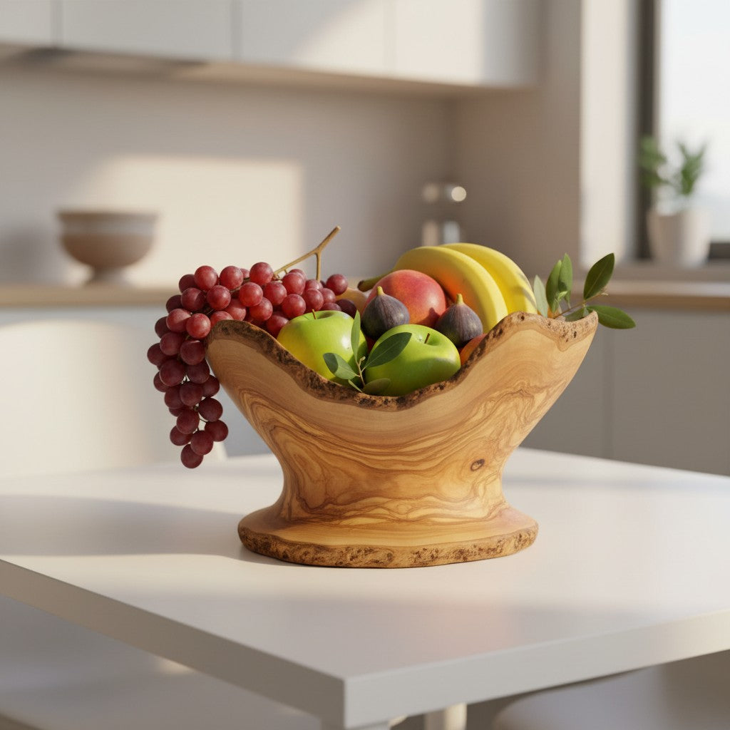Handcrafted Olive Wood Pedestal Fruit Bowl (45x25x25) | Rustic Table Decor