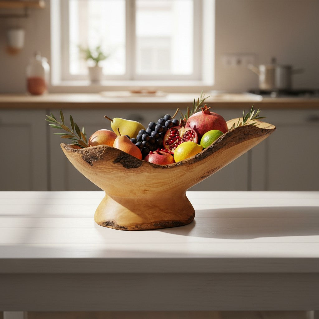 Handcrafted Olive Wood Pedestal Fruit Bowl (45x25x25) | Rustic Table Decor
