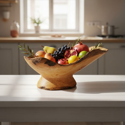Handcrafted Olive Wood Pedestal Fruit Bowl (45x25x25) | Rustic Table Decor