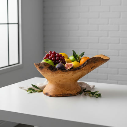 Handcrafted Olive Wood Pedestal Fruit Bowl (45x25x25) | Rustic Table Decor