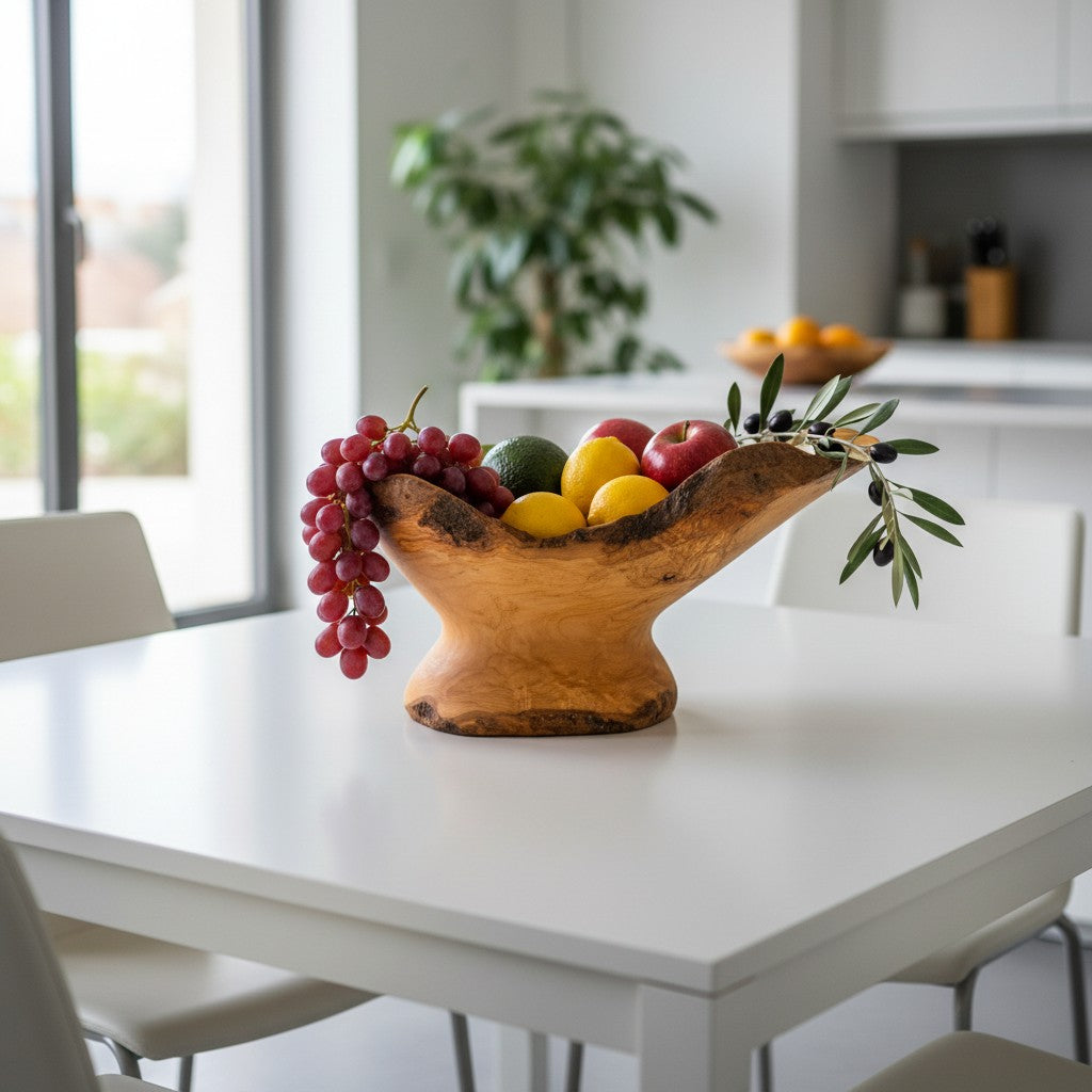 Handcrafted Olive Wood Pedestal Fruit Bowl (45x25x25) | Rustic Table Decor