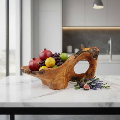 Handcrafted Olive Wood Pedestal Fruit Bowl (47x47x20) | Rustic Table Decor