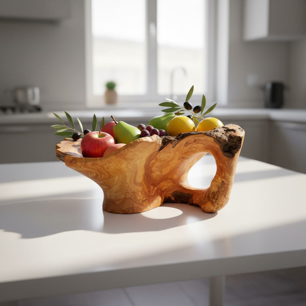 Handcrafted Olive Wood Pedestal Fruit Bowl (47x47x20) | Rustic Table Decor