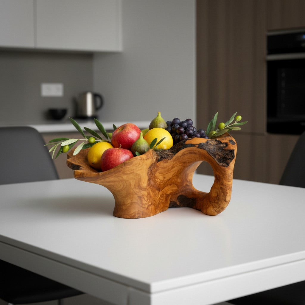 Handcrafted Olive Wood Pedestal Fruit Bowl (47x47x20) | Rustic Table Decor